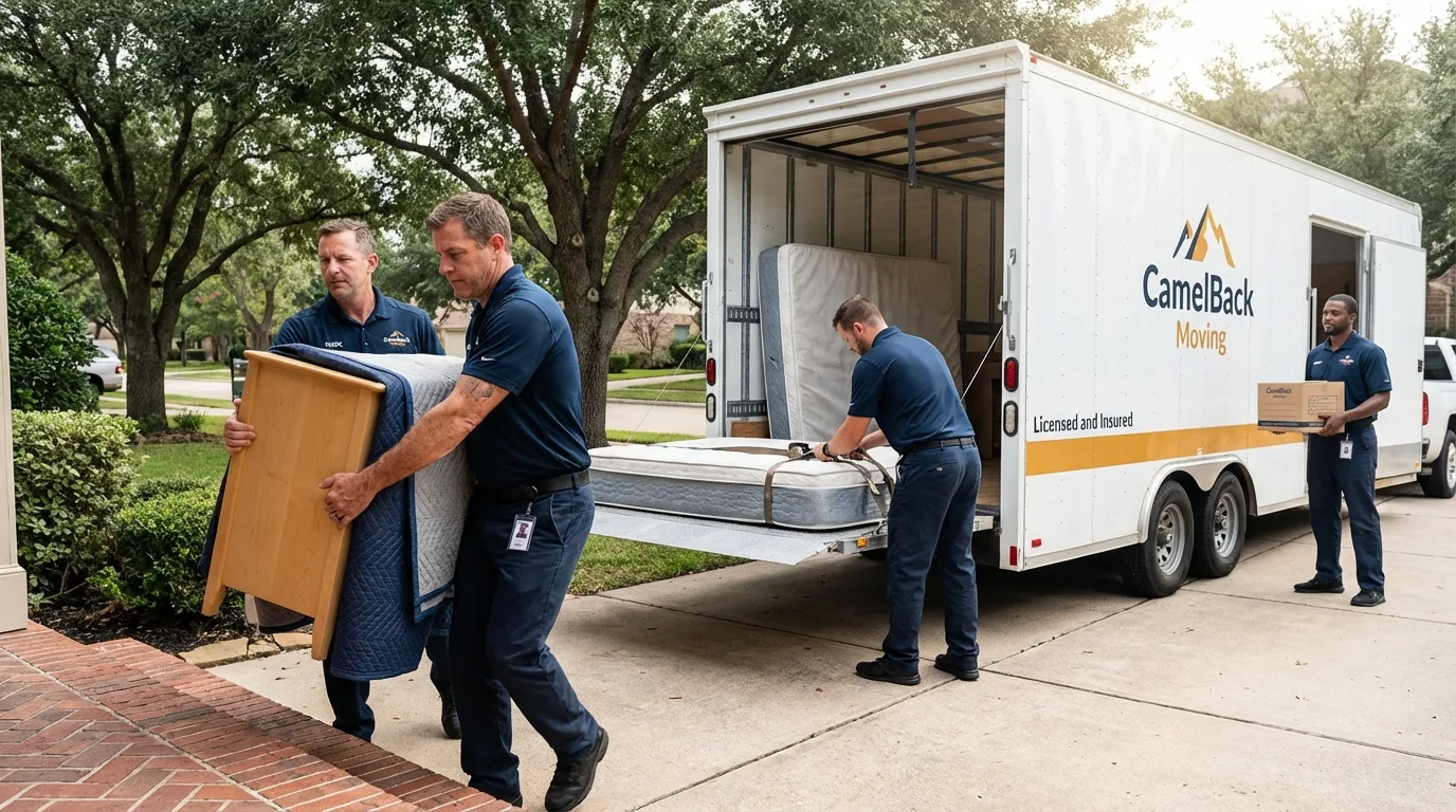 Crew loading residential truck for cross-state move from Shallowater, TX