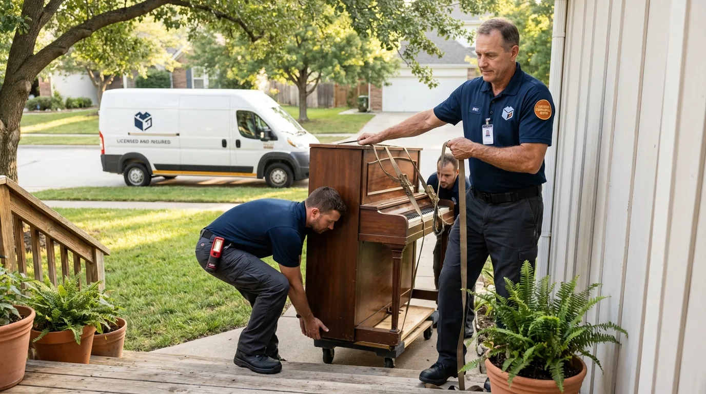 Licensed piano movers securing grand piano in Shallowater, TX