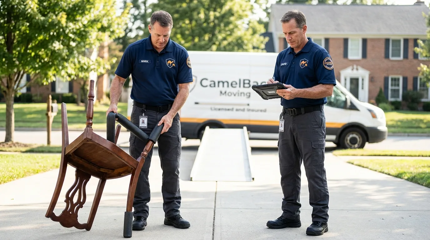 Movers inspecting furniture for damage prevention before loading in Shallowater, TX