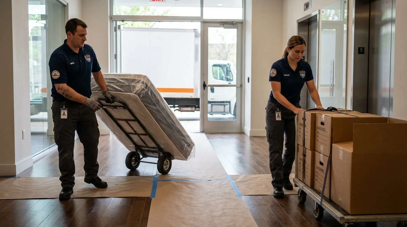 Professional apartment movers loading elevator in Shallowater, TX